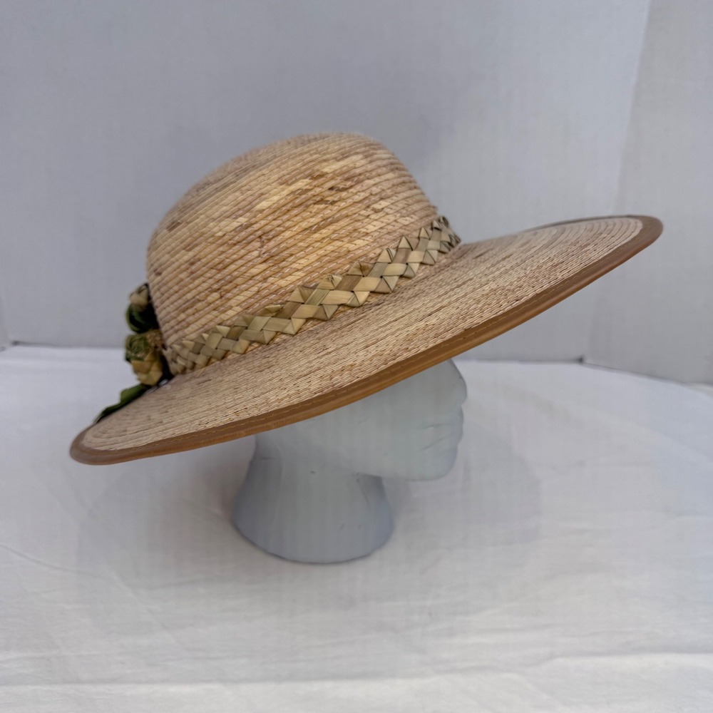 Vintage Handcrafted Straw Sun Hat Wide‎ Brim Green Raffia Flower Natural Tan